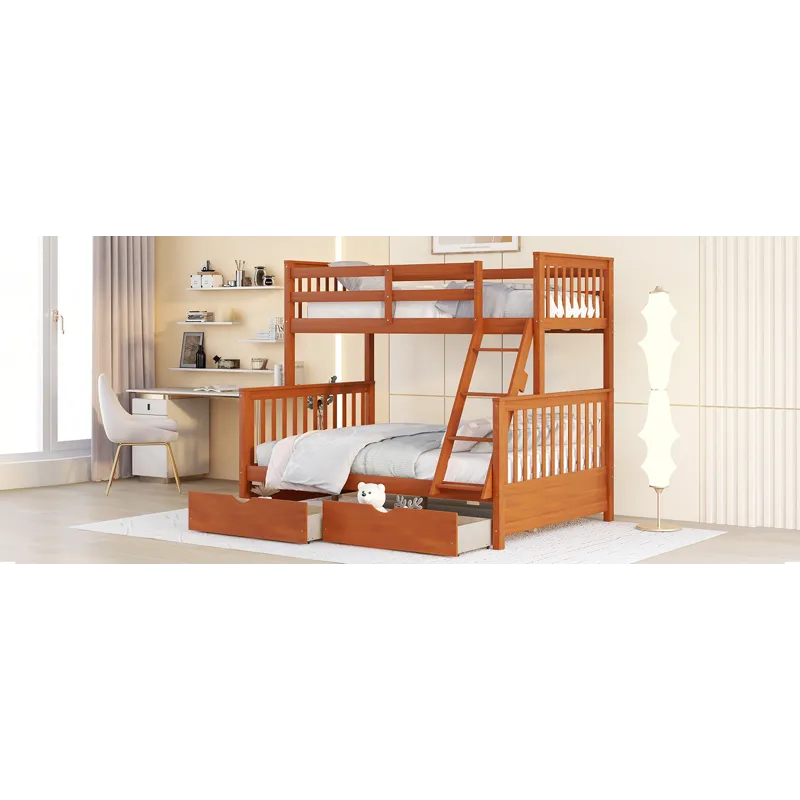 Twin Over Full Bunk Bed With Ladders And Two Storage Drawers - Walnut