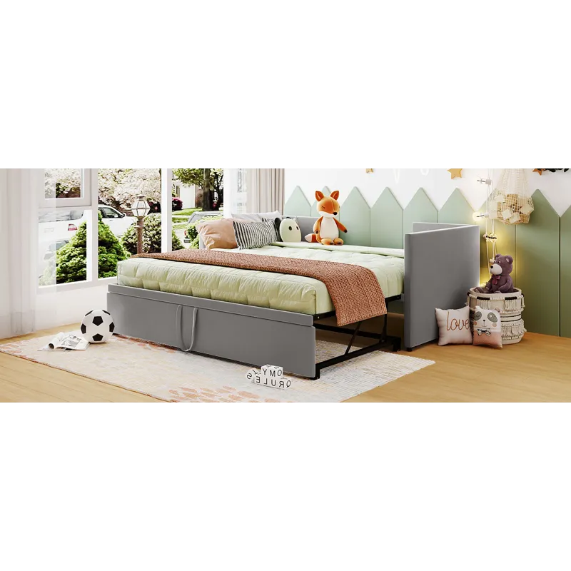 Twin Size Upholstered Daybed With Pop Up Trundle - Gray