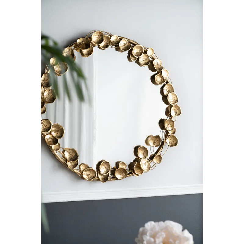 Round Metal Wall Mirror With Leaf Accents, Modern Decor Mirror For Living Room Entryway Hallway - Go