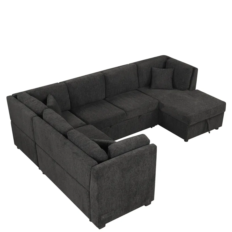 U-Shaped Sectional Sofa Pull Out Sofa Bed With Two USB Ports, Two Power Sockets, Three Back Pillows 