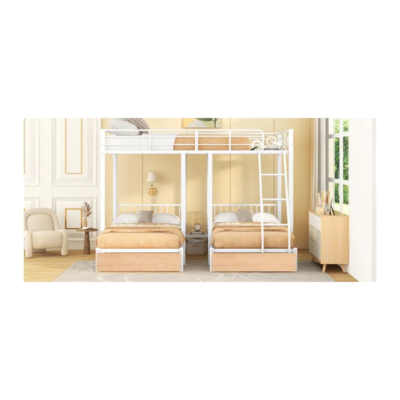 Full Over Twin & Twin Bunk Bed, Metal Triple Bunk Bed With Drawers And Guardrails - White