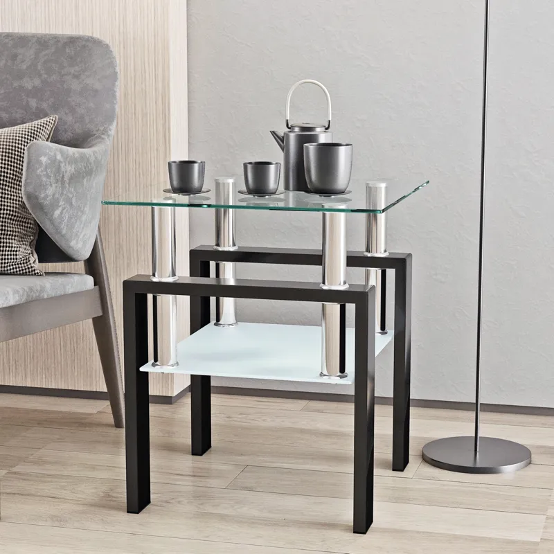 Modern Tempered Glass Tea Table, End Square Table For Living Room - Transparent / Black