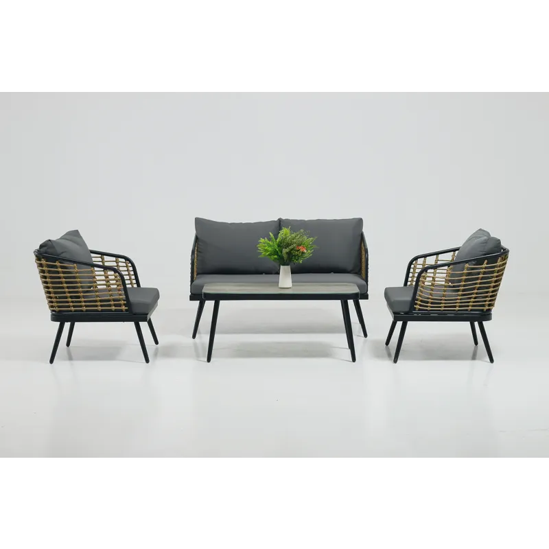 4 Pieces Patio Furniture Set, PE Rattan Wicker With Washable Cushion And Tempered Glass Tabletop, Co