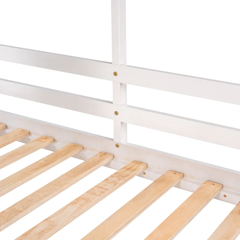 Twin Over Twin Bunk Bed Wood Bed & Roof, Window, Guardrail, Ladder - White