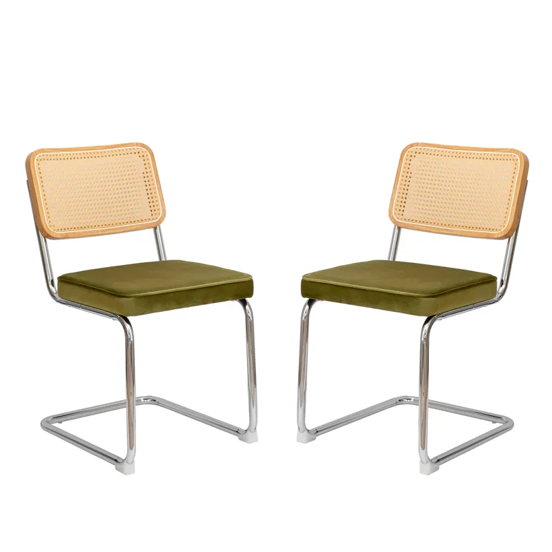 Dining Chairs (Set of 2), Velvet Rattan Side Accent Chairs With Chrome Legs, Modern Mid-Century Breu