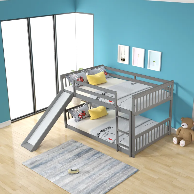 Full Over Full Bunk Bed With Slide And Ladder - Gray