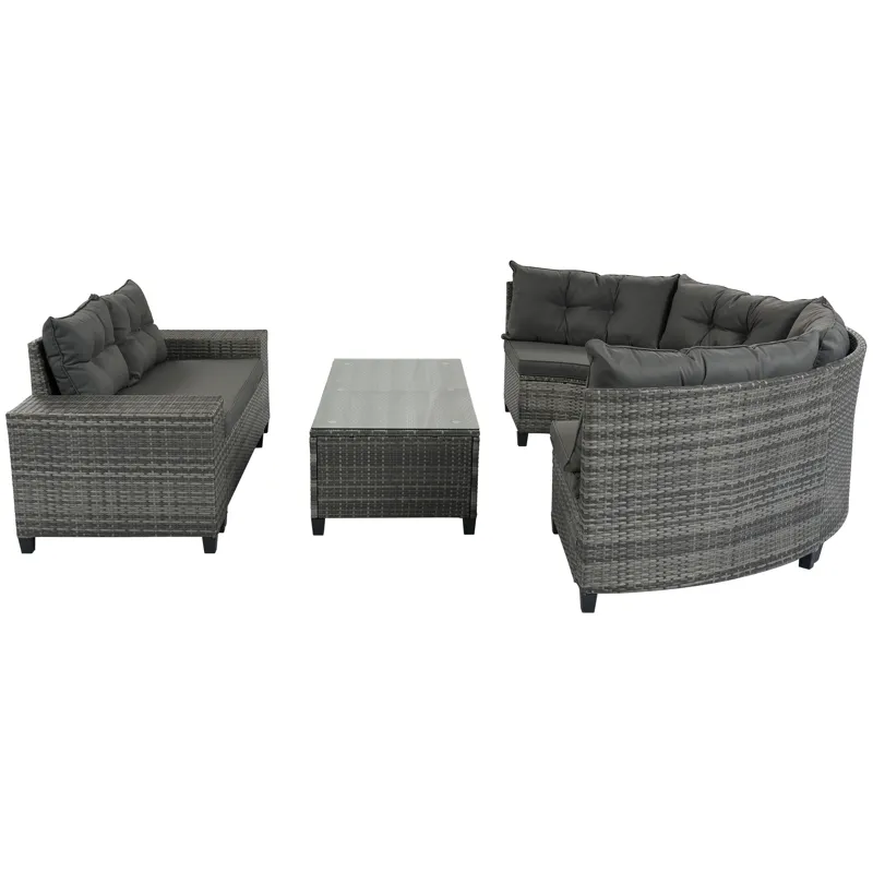8 Pieces Outdoor Wicker Round Sofa Set, Half-Moon Sectional Sets All Weather, Curved Sofa Set With R