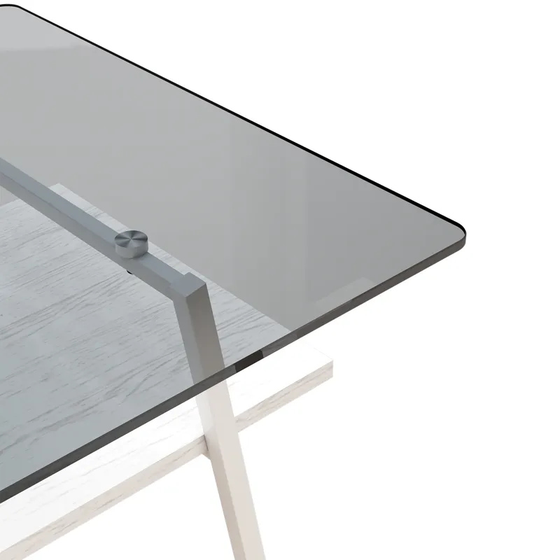 Rectangle Coffee Table, Tempered Glass Tabletop With White Metal Legs, Modern Table For Living Room 