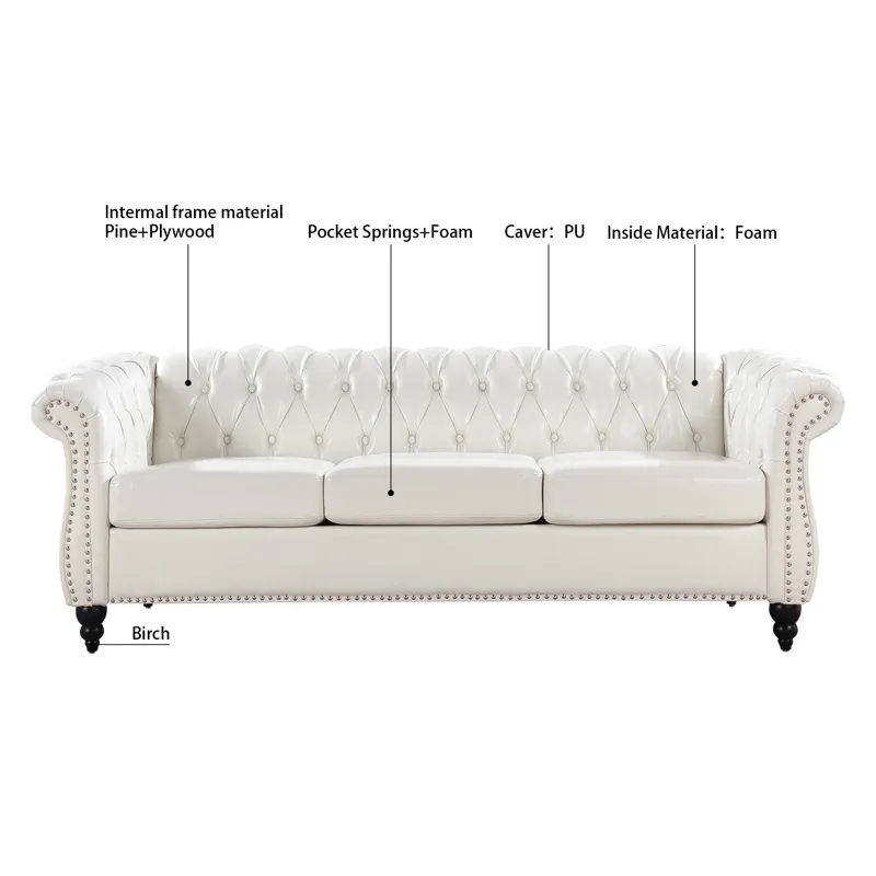 84.65\" Rolled Arm Chesterfield 3 Seater Sofa - White