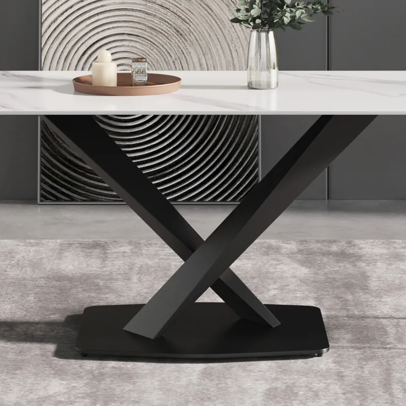63\" Modern Artificial Stone Straight Edge Metal X-Leg Dining Table, 6 People - White / Black