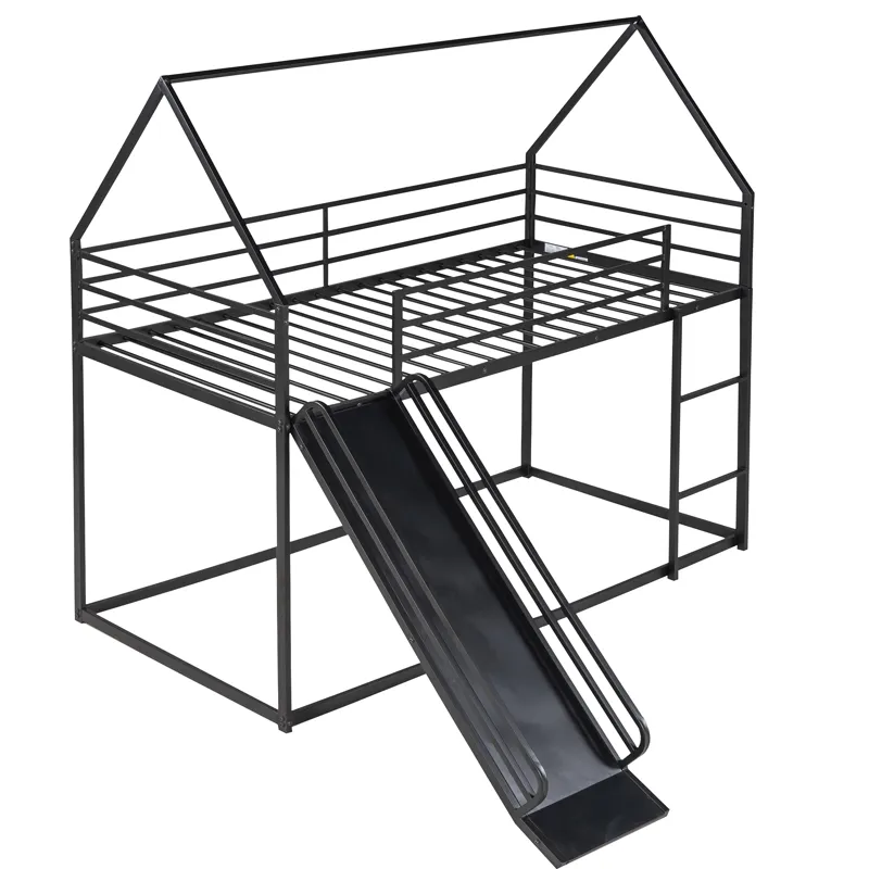 Twin Over Twin House Bunk Bed With Ladder And Slide - Black