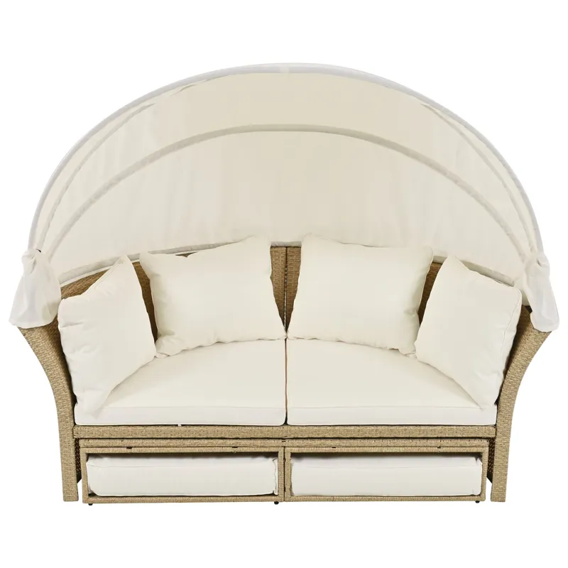 Outdoor Patio Daybed Wicker Rattan Double Daybed Round Sofa Furniture Set With Retractable Canopy, 4