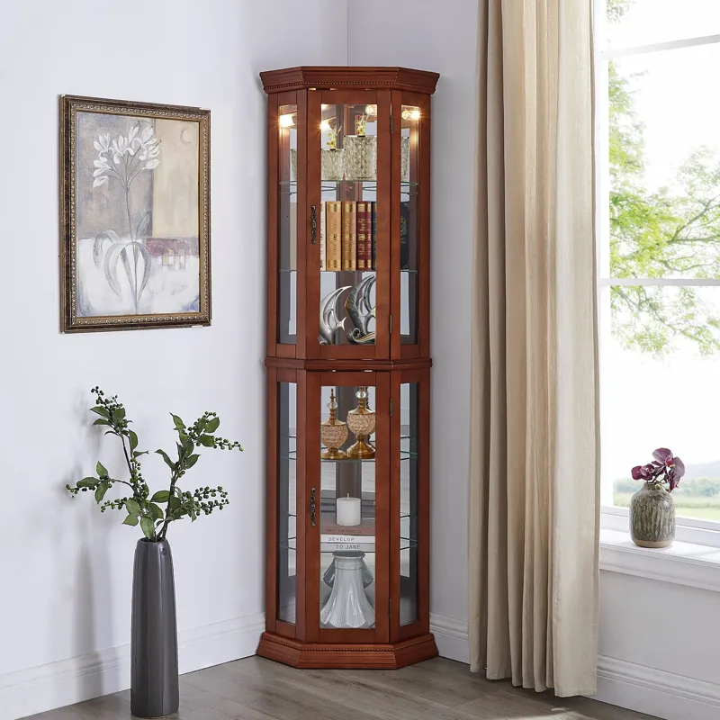 Corner Curio Cabinet With Lights, Adjustable Tempered Glass Shelves, Mirrored Back, Display Cabinet 