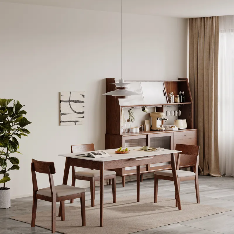 Round Corner Diagonal Leg Telescopic Table For 6 - 8 People To Meet Dining Table - White / Walnut