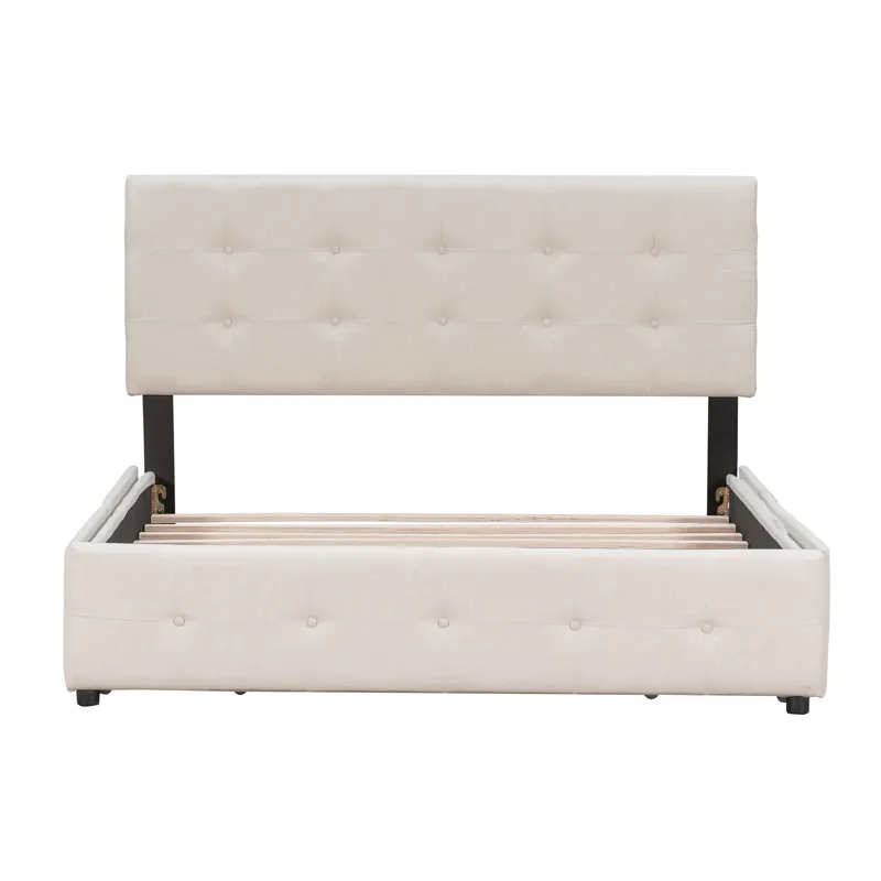 Queen Size Upholstered Platform Bed With Classic Headboard And 4 Drawers, No Box Spring Needed - Bei