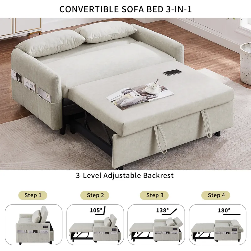 Pull Out Sleep Sofa Bed Loveseats Sofa Couch With Adjsutable Backrest, Storage Pockets, 2 Soft Pillo