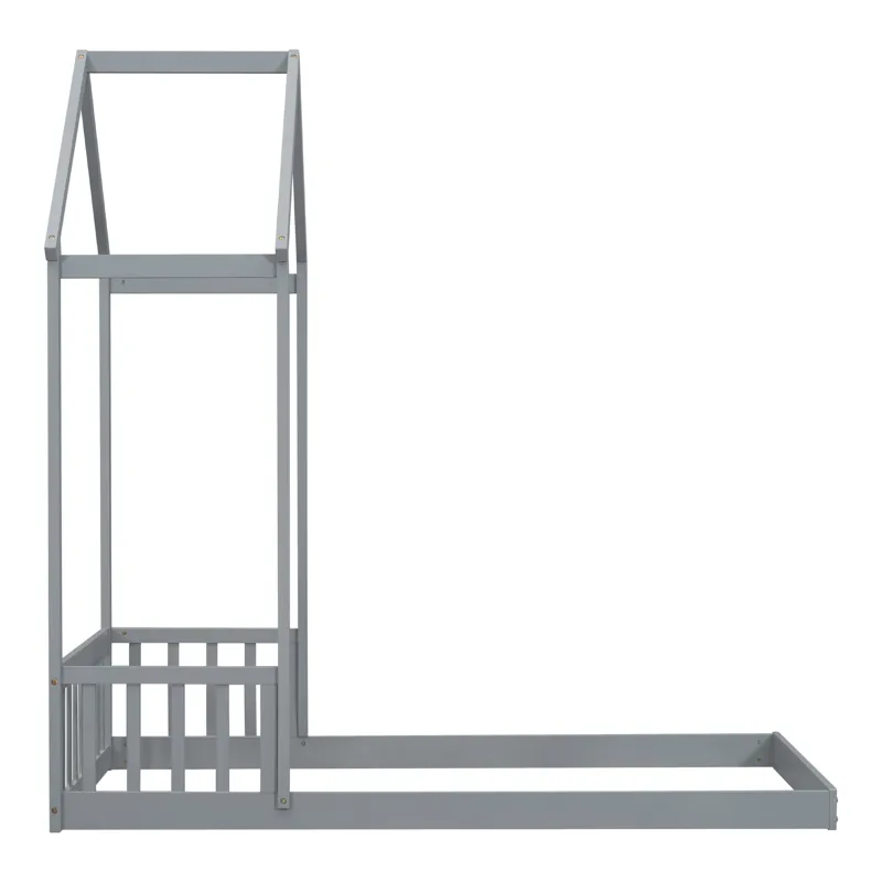 Twin House-Shaped Roof Headboard Floor Bed, (Without Slats) - Gray