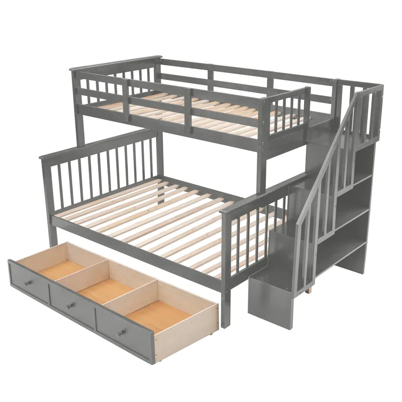 Twin Over Full Stairway Bunk Bed With Drawer, Storage And Guard Rail For Bedroom, Dorm, For Adults -