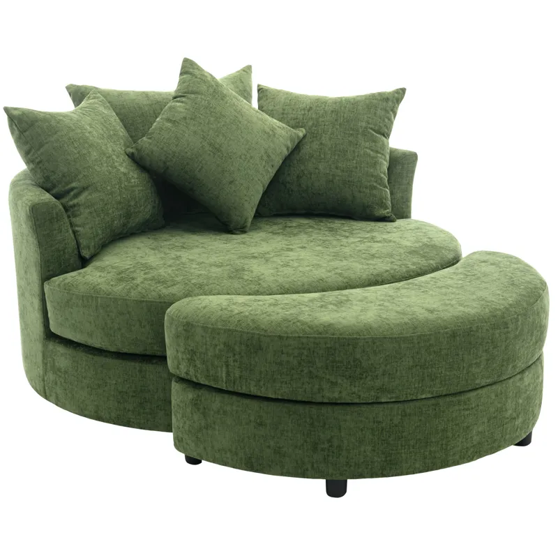 360° Swivel Accent Barrel Chair With Storage Ottoman & 4 Pillows, Modern Chenille Leisure Chair Roun