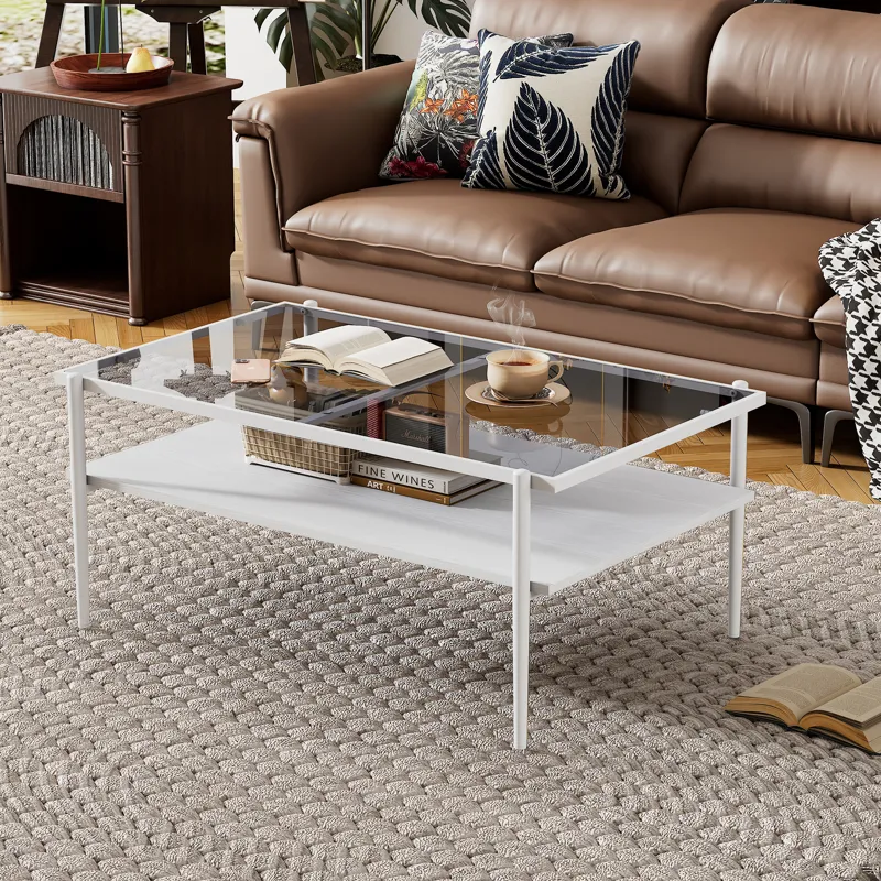 Rectangle Coffee Table With Tempered Glass Top And White Legs, Modern Table For Living Room - Gray