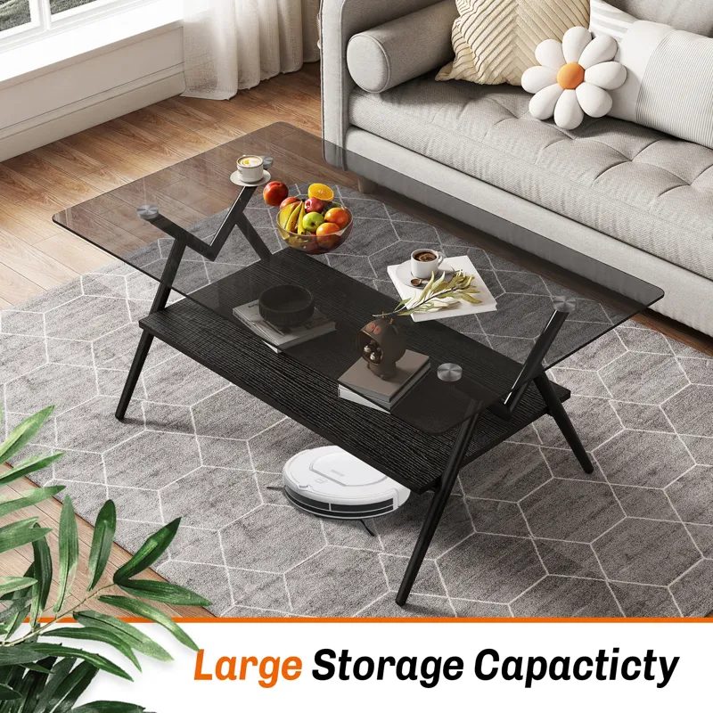 Rectangle Coffee Table With Tempered Glass Top And Black MDF Shelf, Modern Table For Living Room - G