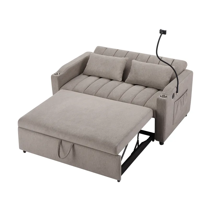 Convertible Sofa Bed Loveseat Sofa With Three USB Ports, Two Side Pockets, Two Cup Holders And 360° 