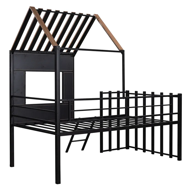 Twin Size Loft Bed With Roof, Window, Guardrail, Ladder Black
