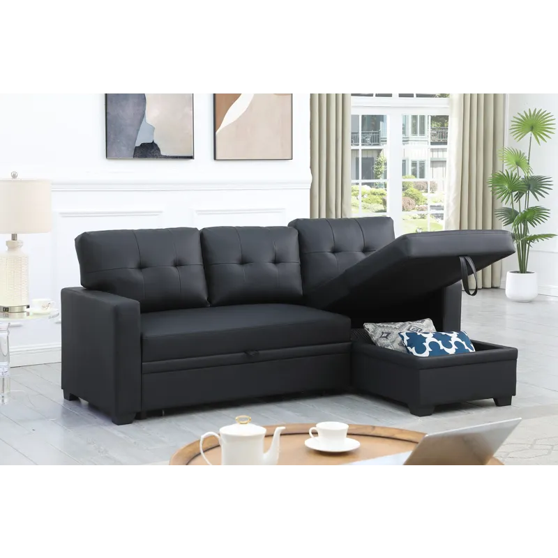 Upholstered Pull Out Sectional Sofa With Chaise - Black