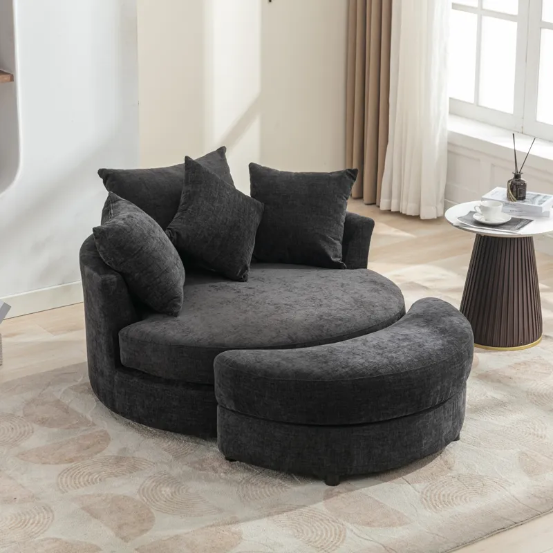 360° Swivel Accent Barrel Chair With Storage Ottoman & 4 Pillows, Modern Chenille Leisure Chair Roun