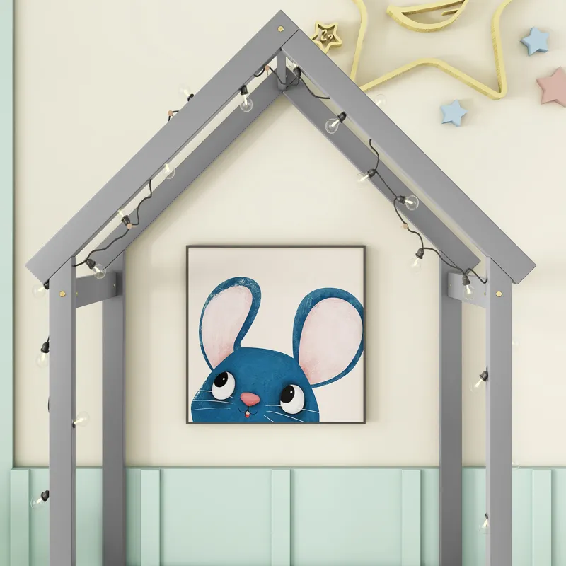 Twin House-Shaped Roof Headboard Floor Bed, (Without Slats) - Gray