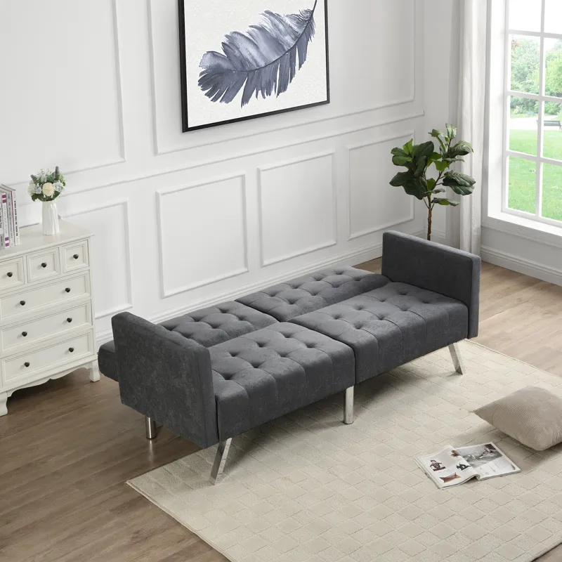 Futon Sofa Bed Convertible Folding Lounge Couch, Armrests - Dark Gray