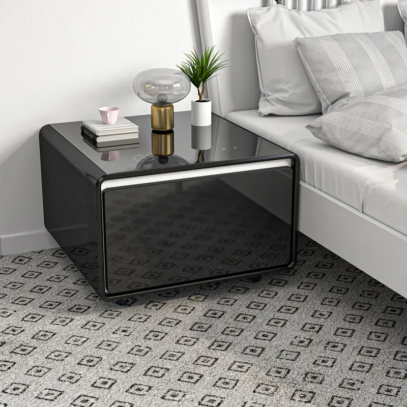 Modern Smart Side Table With Built-In Fridge, Wireless Charging, Temperature Control, Power Socket, 