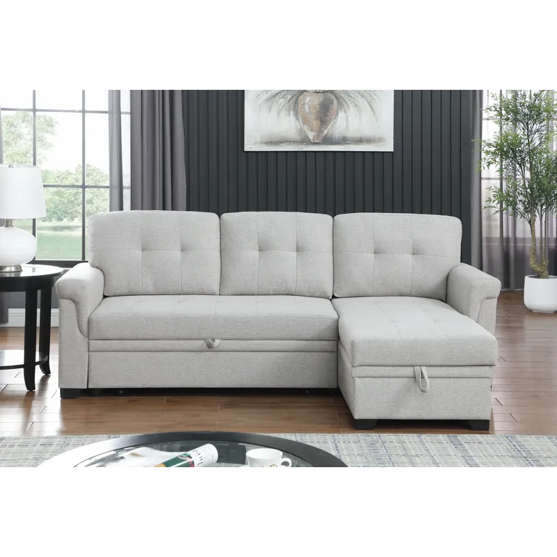 Lucca - Linen Reversible Sleeper Sectional Sofa With Storage Chaise - Light Gray
