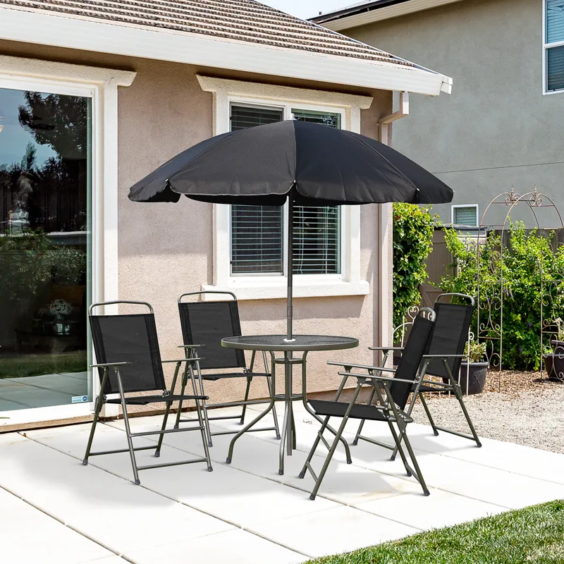 Outsunny - 6 Piece Patio Dining Set For 4 With Umbrella, Outdoor Table And Chairs With 4 Folding Din