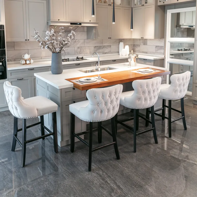 Contemporary Velvet Upholstered Wing-Back Barstools With Button Tufted Decoration And Wooden Legs, A