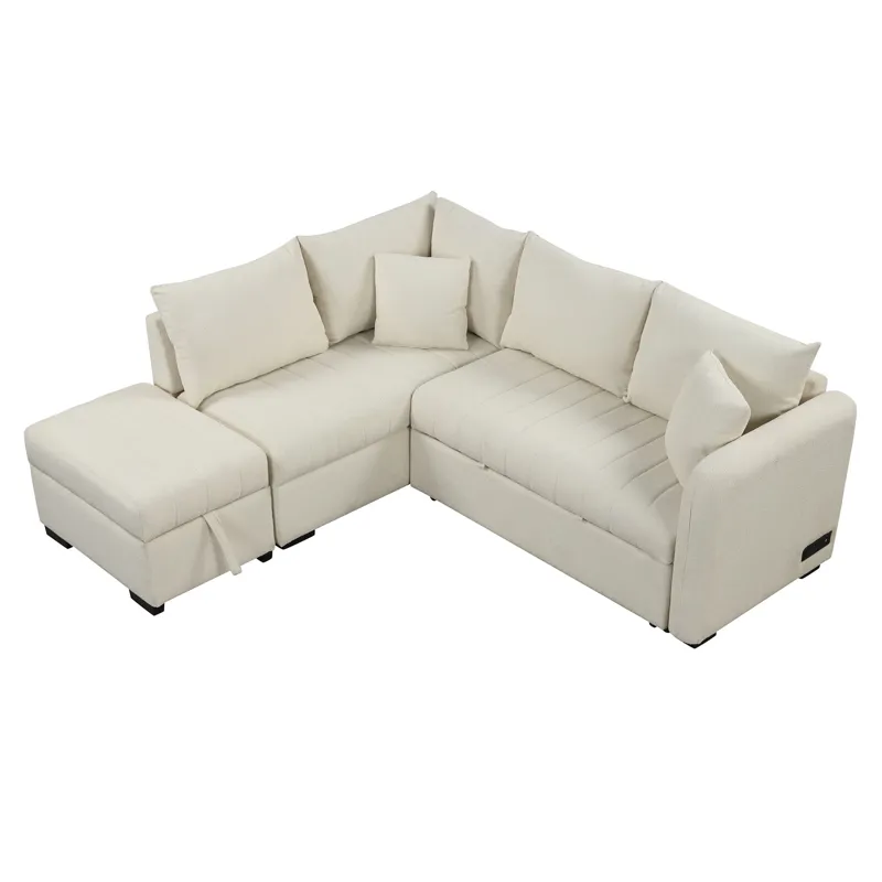 L-Shaped Sectional Pull Out Sofa Bed Sleeper Sofa With Two USB Ports, Two Power Sockets And A Movabl