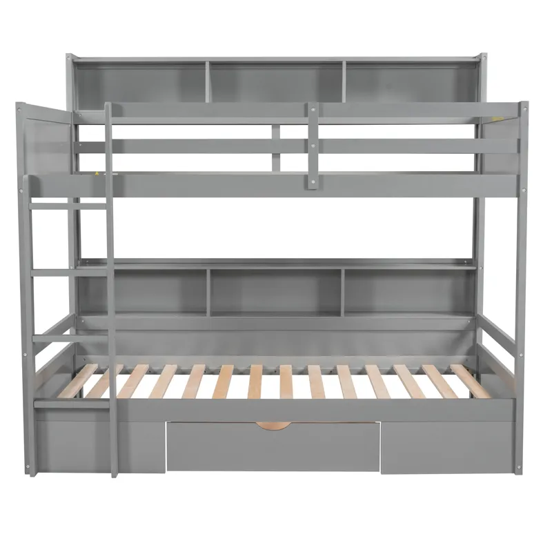Twin Size Bunk Bed With Built-In Shelves Beside Both Upper And Down Bed And Storage Drawer - Gray