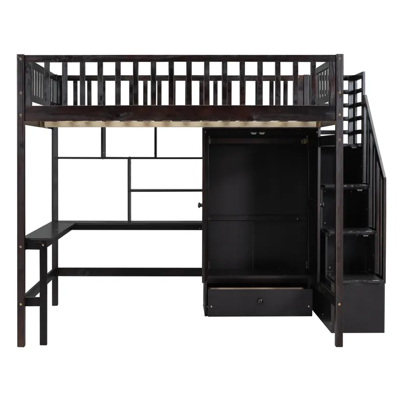 Full Size Loft Bed With Bookshelf, Drawers, Desk, And Wardrobe - Espresso