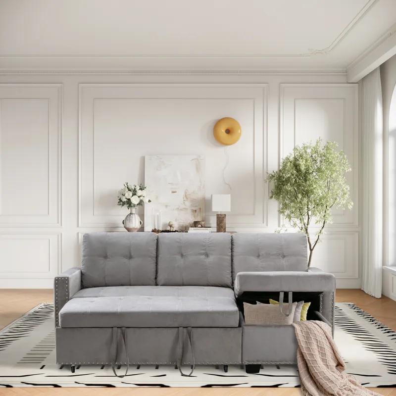 Reversible Sectional Storage Sleeper Sofa Bed, L-Shape 2 Seat Sectional Chaise With Storage, Skin-Fe