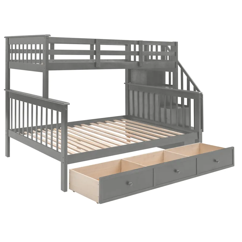 Twin Over Full Stairway Bunk Bed With Drawer, Storage And Guard Rail For Bedroom, Dorm, For Adults -