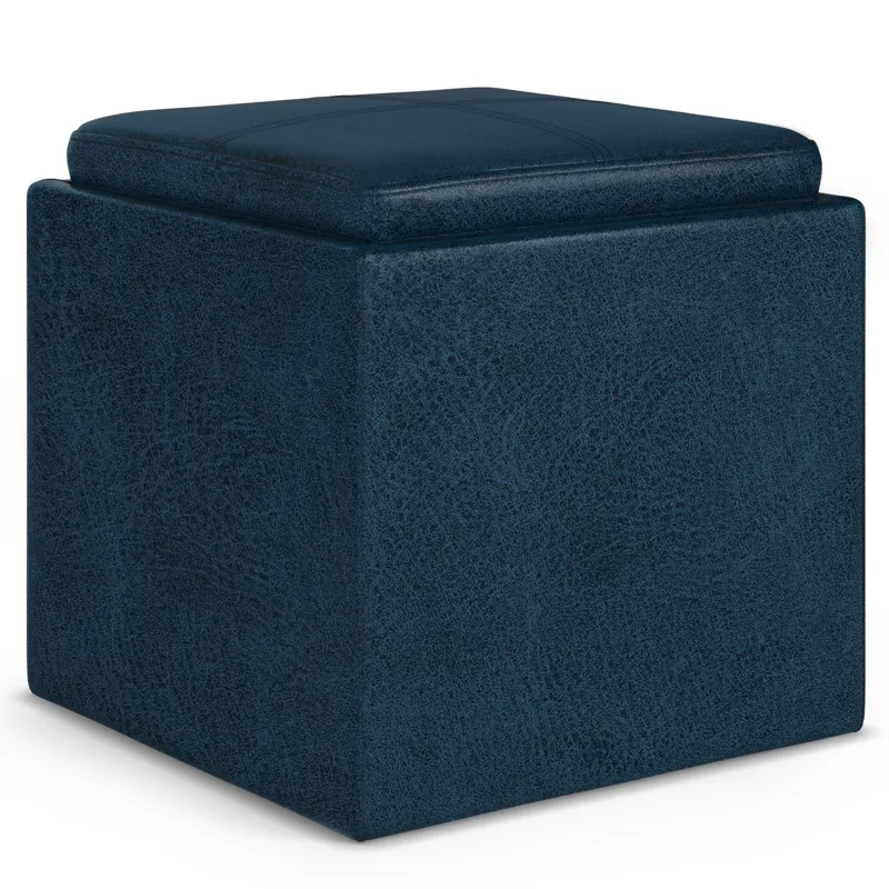 Rockwood - Cube Storage Ottoman with Tray - Distressed Dark Blue