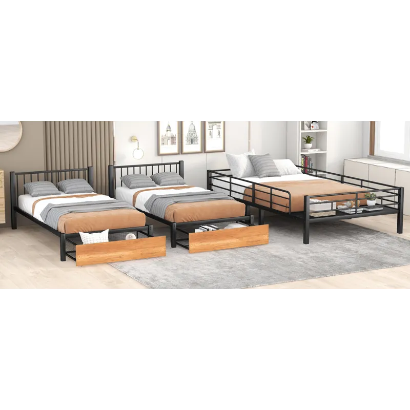 Full Over Twin & Twin Bunk Bed, Metal Triple Bunk Bed With Drawers And Guardrails - Black