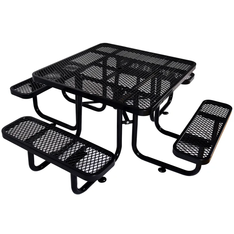 Square Outdoor Steel Picnic Table , With Umbrella Pole - Black
