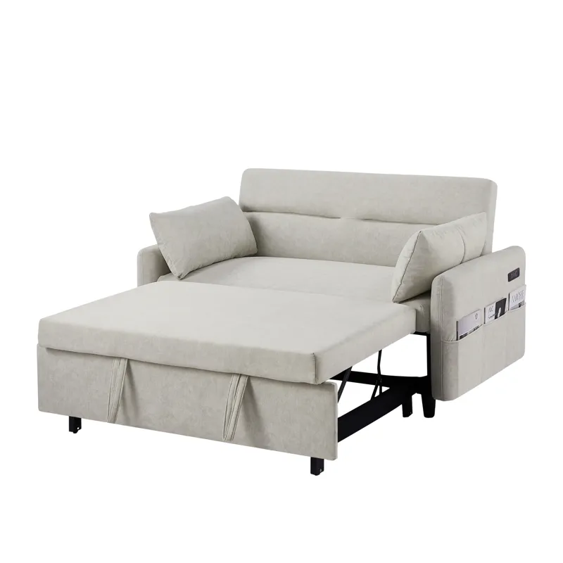 Pull Out Sleep Sofa Bed Loveseats Sofa Couch With Adjsutable Backrest, Storage Pockets, 2 Soft Pillo