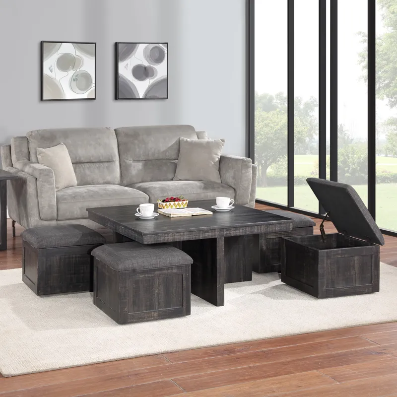 Moseberg - Oak Coffee Table With Storage Stools (Set of 5) - Gray