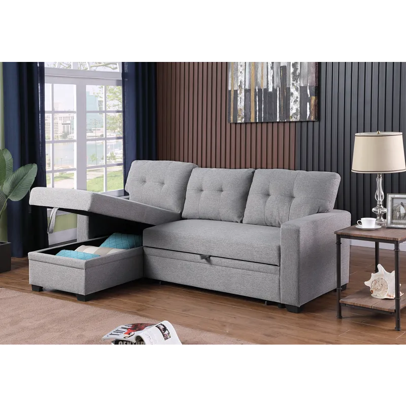 Upholstered Pull Out Sectional Sofa With Chaise - Light Gray