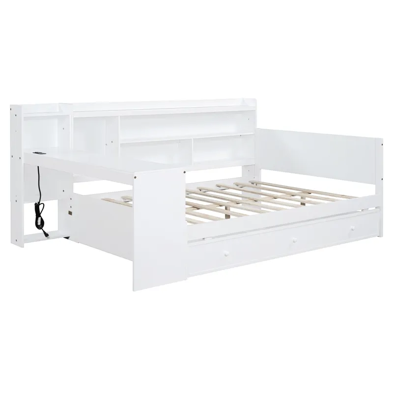 Full Size Wooden Daybed With 3 Drawers, USB Ports And Desk - White