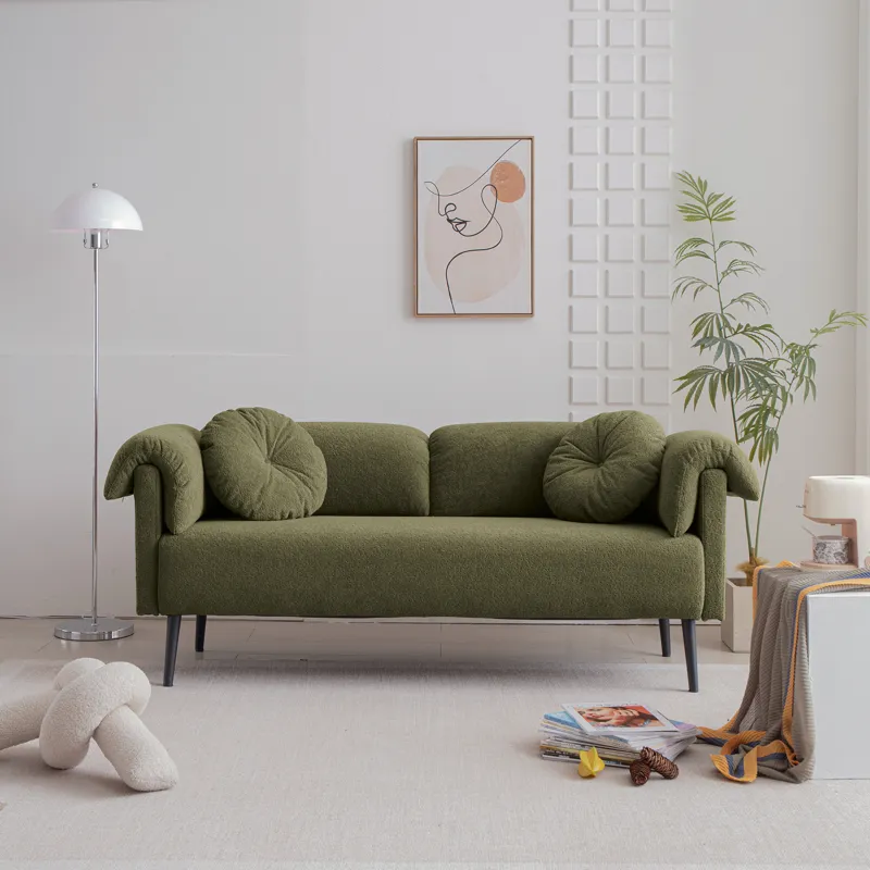 Modern Lamb Wool Sofa With Decorative Throw Pillows For Small Spaces - Emerald