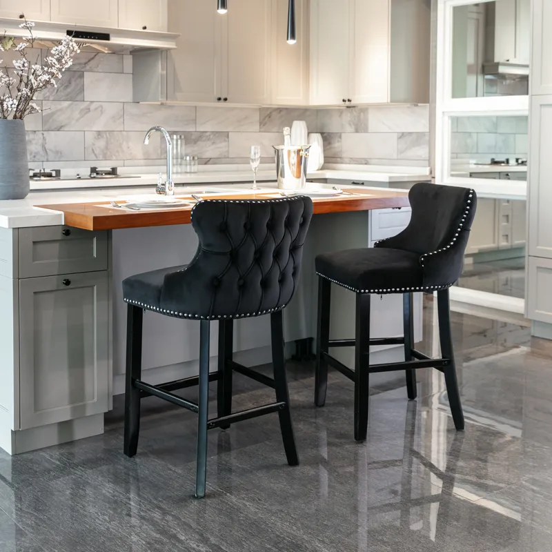 Contemporary Velvet Upholstered Wing-Back Barstools With Button Tufted Decoration And Wooden Legs, A