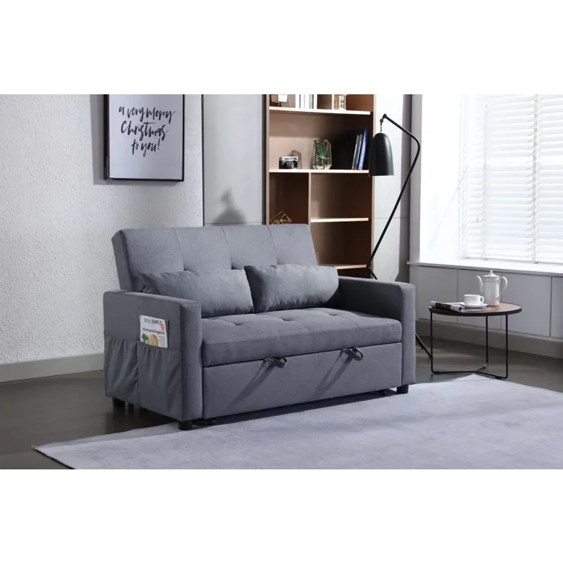 2 Seaters Slepper Sofa Bed Linen Fabric 3-In-1 Convertible Sleeper Loveseat With Side Pocket - Dark 